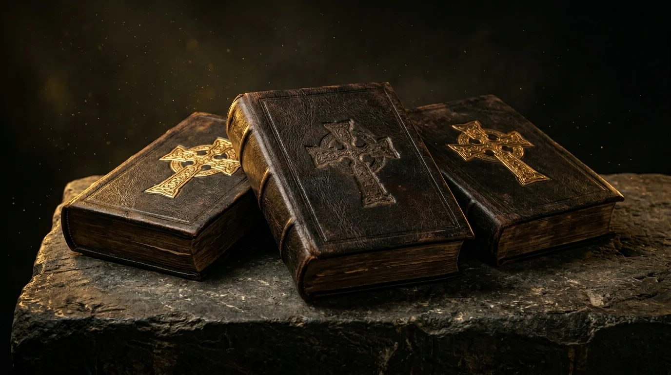 Ancient papyrus scrolls and early church codices in library setting