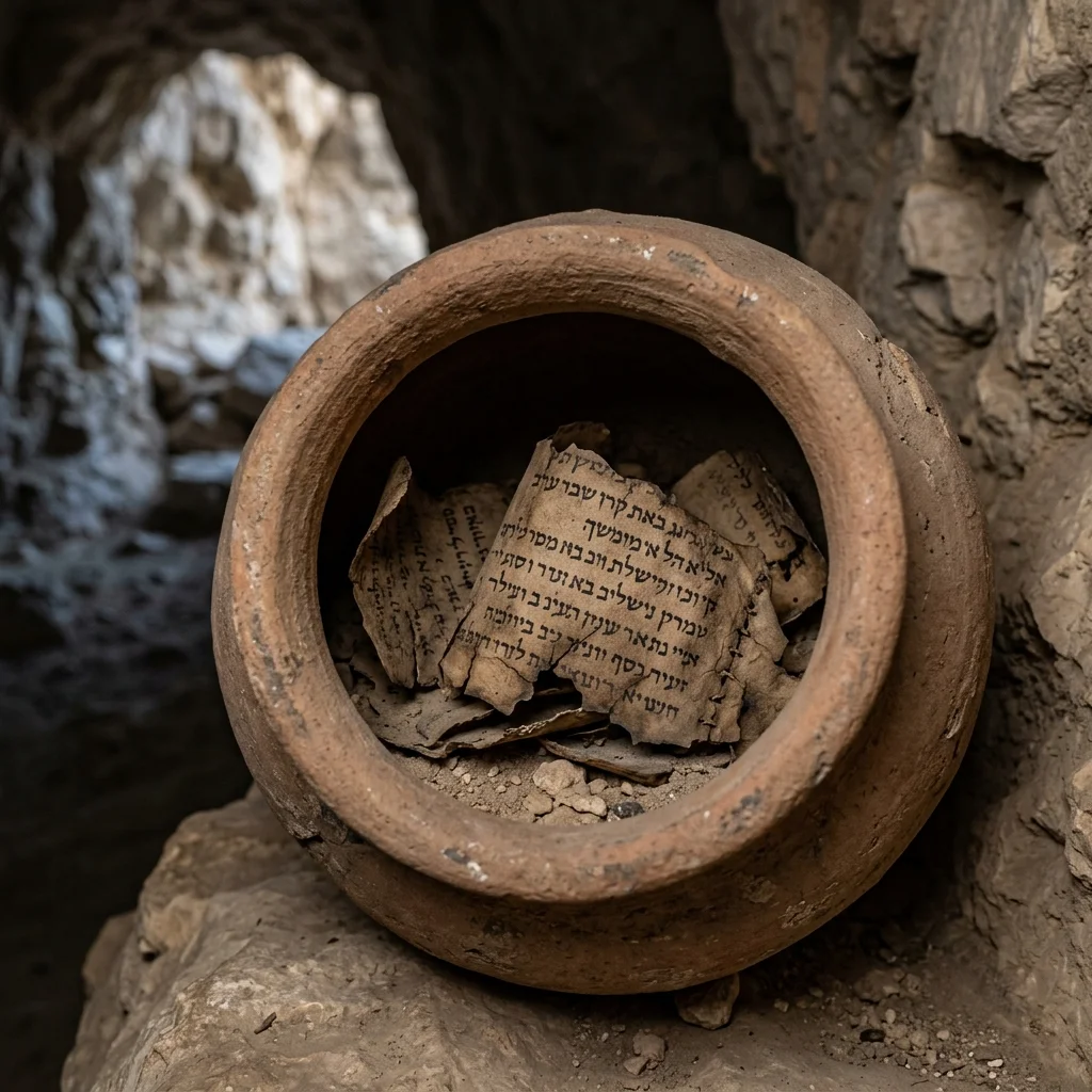 Ancient Qumran parchment scroll fragments in Hebrew inside pottery jar