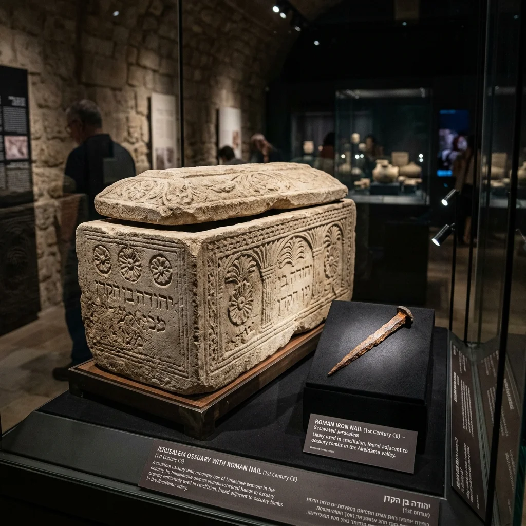 Archaeological exhibit of ancient limestone ossuary and Roman iron crucifixion nail
