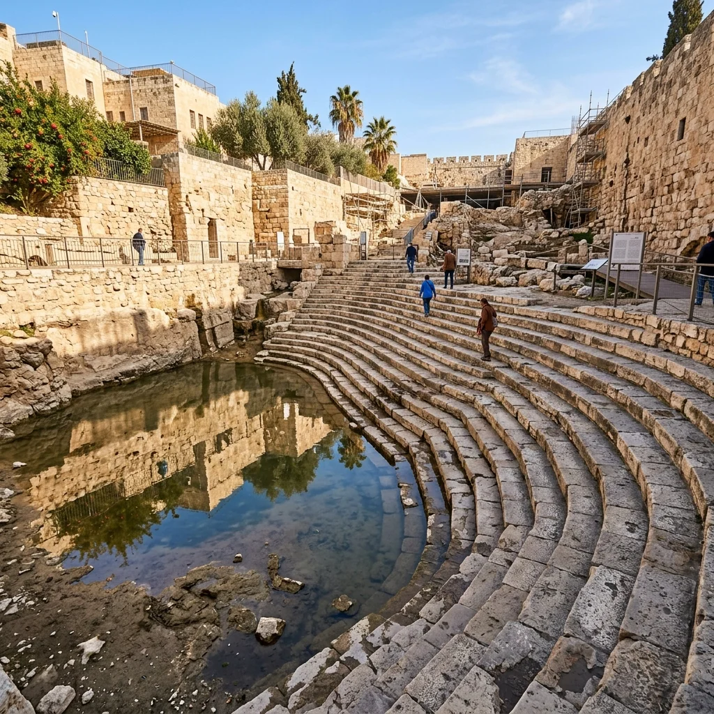 Archaeological site of ancient Pool of Siloam stone steps in Jerusalem