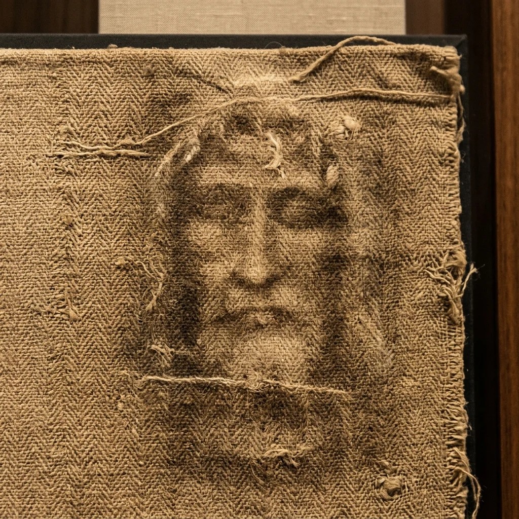 High resolution forensic micro photography of ancient linen shroud weave and facial imprint
